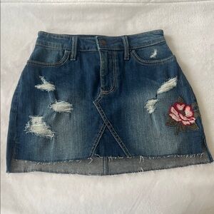 Hollister Blue Denim Skirt with Pink Floral Embroidery